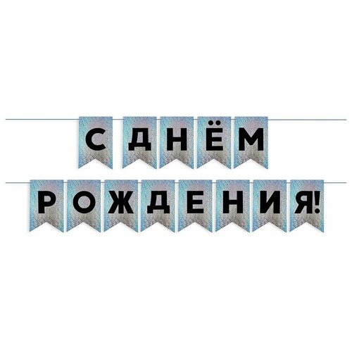 фото Гирлянда флажки, с днем рождения, черный/серебро, голография, 500 см, 13*20 см, 1 упак. волна веселья