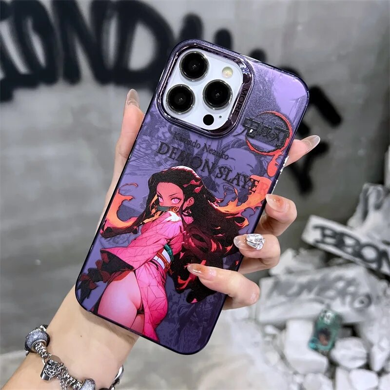Ударопрочный чехол для iPhone 15 14 13 12 11 Pro Max с гальваническим покрытием и милым японским аниме рассекающим демонов серебряным покрытием для защиты камеры