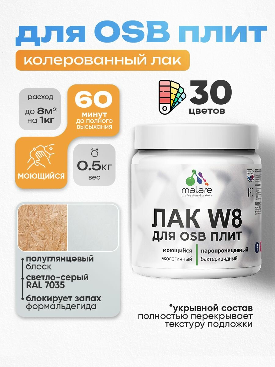Лак колерованный укрывной для защиты ОСБ плит Malare W8 универсальный для дерева и минеральных поверхностей, паропроницаемый водный без запаха, полуглянцевый RAL 7035 светло-серый, 0.5 кг.