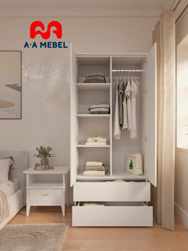 Изображение товара Шкаф A-A MEBEL Грей для одежды распашной двухдверный с ящиками и полками 90х50х204 см белый