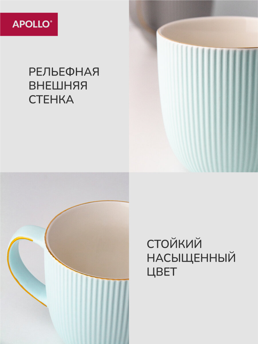 Кружка для чая и кофе, чашка из фарфора Apollo "Ribb" 370 мл, голубая с золотой окантовкой — фото 1