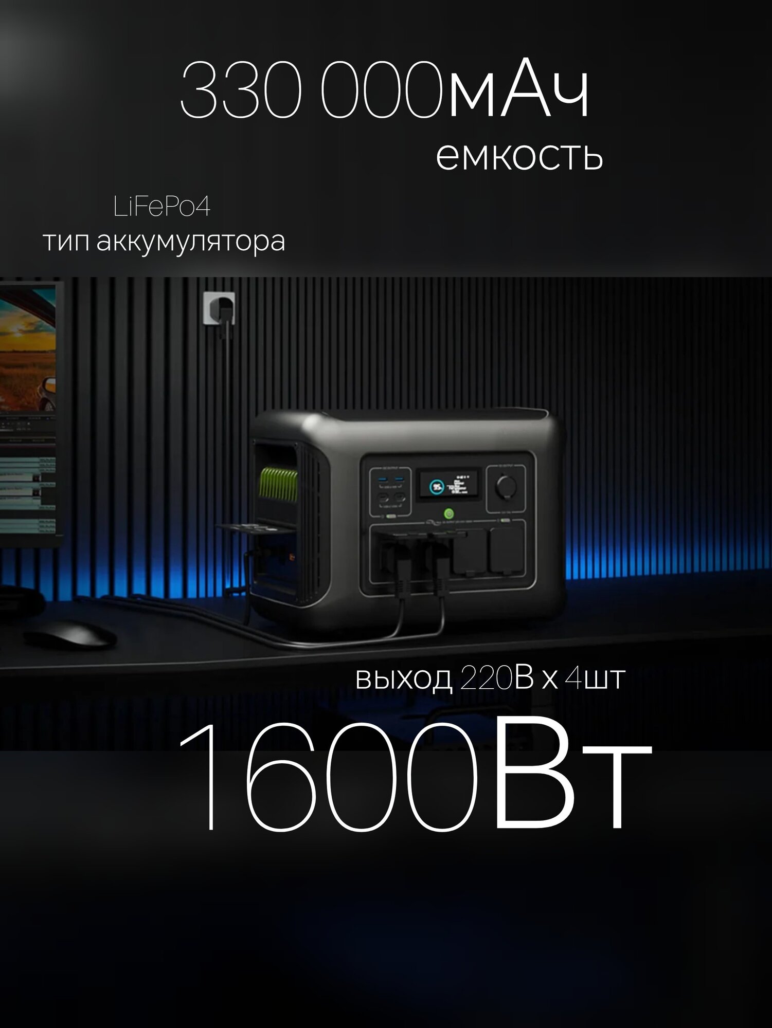 Бесперебойник LiFePo4 электростанция 220В розетка 1600Вт, резервный аккумулятор ИБП для котла, холодильника