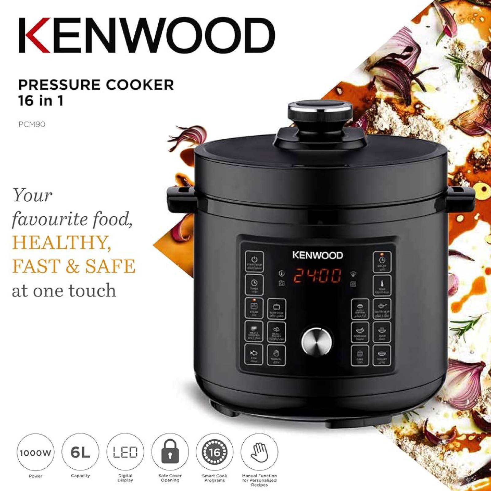 Мультиварка-скороварка Kenwood PCM90.000BK, 16 программ, мощность 1000Вт, объём 6л