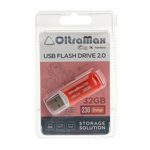 Флешка OltraMax 230, 32 Гб, USB2.0, чт до 15 Мб/с, зап до 8 Мб/с, оранж