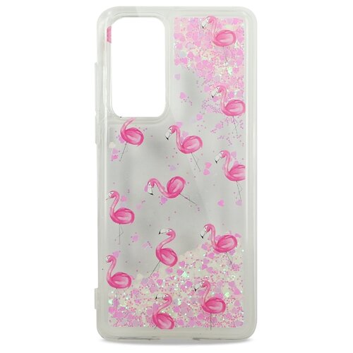 Чехол с переливашками для Huawei P40 / Жидкий Чехол с блестками и водой на Хуавей П 40 (Фламинго на розовом)