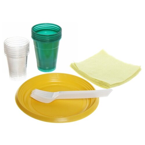 Набор одноразовой посуды «Турист» на 6 персон (тарелка 17см, стакан 0,2л., стакан 0,1л., вилка, салф