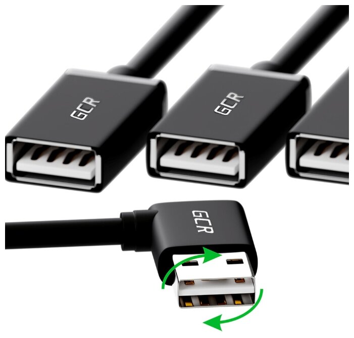 GCR USB Hub на 3 порта, 0.35m, гибкий, двусторонний угловой AM / 3 х AF, черный