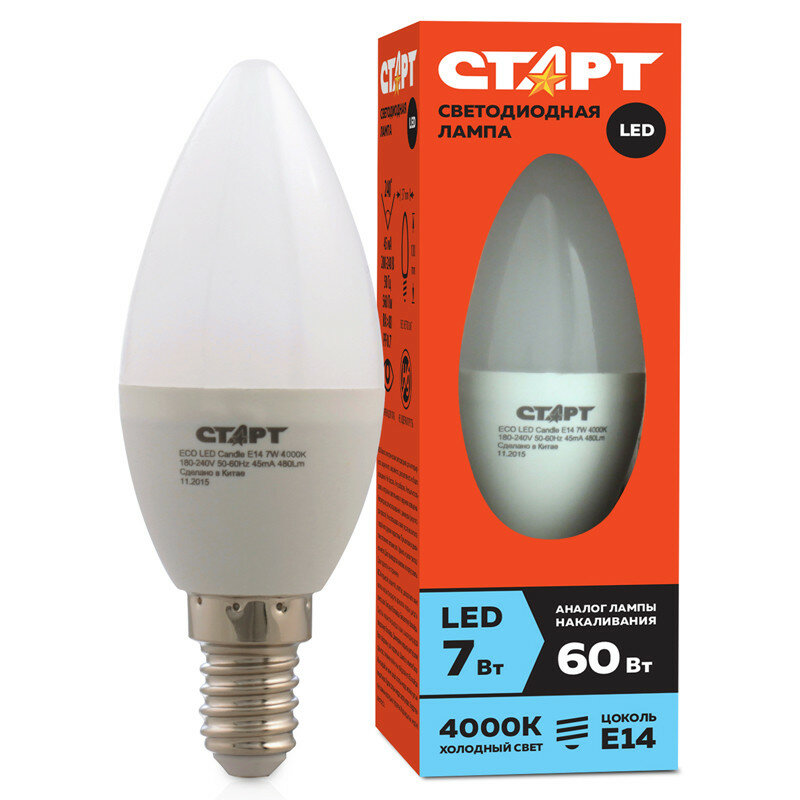 Лампа светодиодная Старт LED, серия "ЭКО" 7W40, тип С "свеча", E14, 4000К, холодный свет, 15000ч, 227545