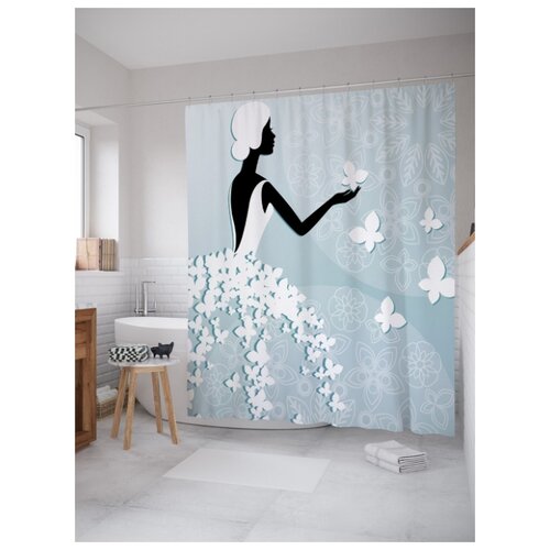 фото Штора (занавеска) для ванной joyarty "девушка в платье из бабочек" из ткани, 180х200 см с крючками