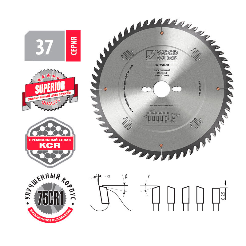 Диск пильный для фанеры SUPERIOR 250*3.2*30H*60T A=12º ATB+shear Woodwork 37.250.60