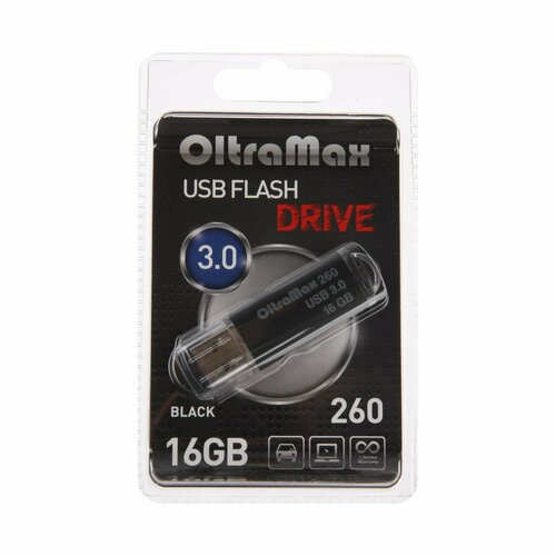 Флешка OltraMax 260, 16 Гб, USB3.0, чт до 70 Мб/с, зап до 20 Мб/с, черная