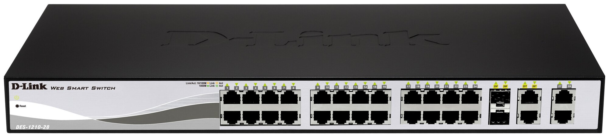 Коммутатор D-Link DES-1210-28P/C2A Настраиваемый коммутатор WebSmart с 24 портами 10/100Base-TX, 2 портами 10/100/1000BASE-T, 2 комбо-портами 100/1000