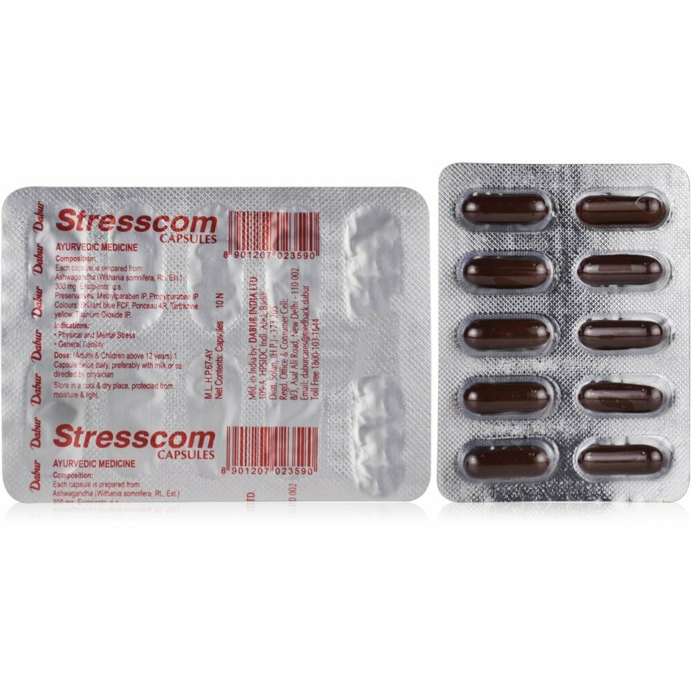 Мощный антистрессовый аюрведический препарат Дабур Стресском (Stresscom capsules Dabur) от бессонницы, для памяти, 30 кап.