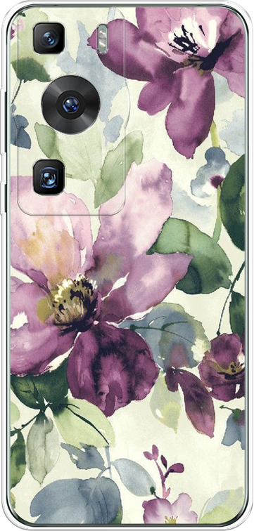 Силиконовый чехол на Huawei P60/P60 Pro / Хуавей P60/P60 Про Сиреневые цветы-акварель