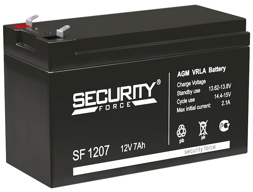 Security Force SF 1207 (12V / 4.5Ah) Батарея SECURITY FORCE серия SF, SF 1207, напряжение 12В, емкость 7Ач (разряд 20 часов), макс. ток разряда (5 сек.) 60А