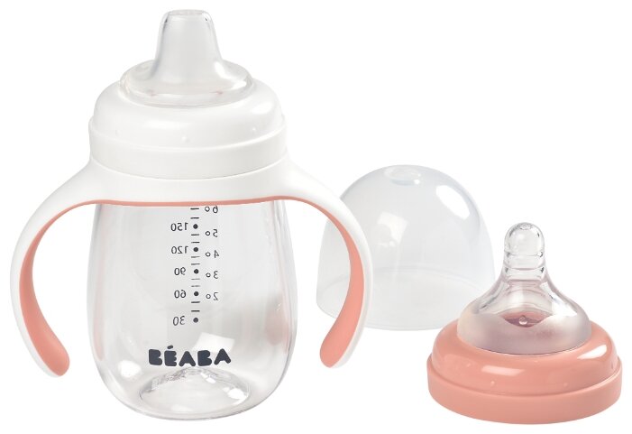 Поильник детский BEABA 210 мл. с двумя насадками в комплекте, поильник непроливайка с соской и силиконовым носиком, розовый