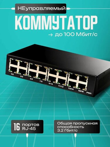 Изображение товара Коммутатор 16 портовый 100мбит. 3.2 Гбит/с общая пропускная способность