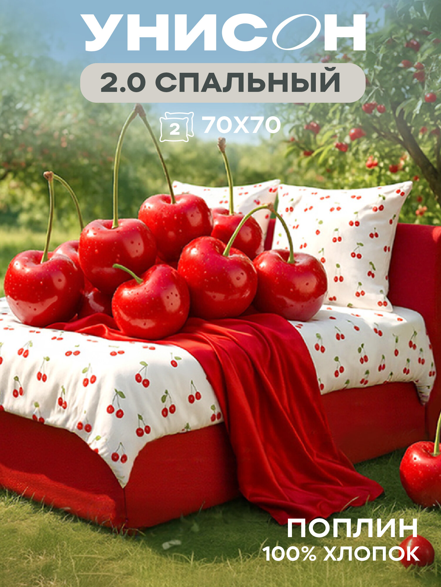 Унисон Комплект постельного белья , Поплин, 2х спальный, нав. 70х70, Cherry Kiss