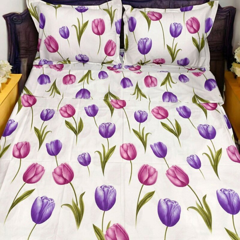 Постельное белье LINENS, сатин, 1,5 спальное, тюльпаны, белое, 2 наволочки, подарочная упаковка