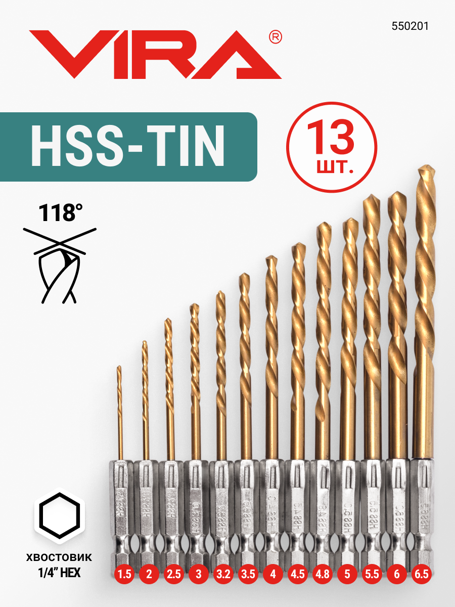 Набор сверл по металлу 1.5-6.5 мм HSS-TiN 1/4" HEX 13 шт VIRA