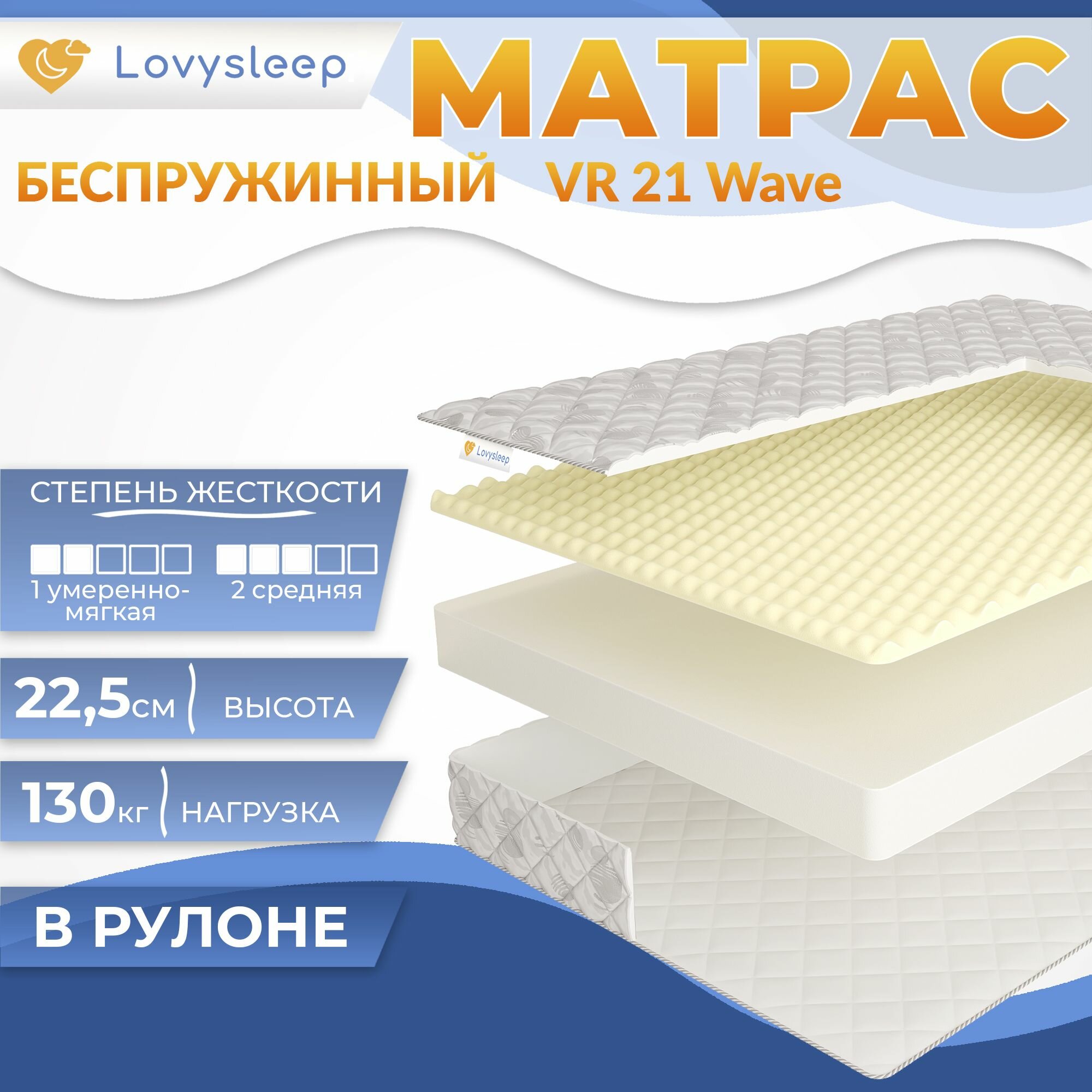 Матрас VR 21 Wave 65х190 см, беспружинный, 22,5 см, односпальный, двусторонний с разной жесткостью, в рулоне