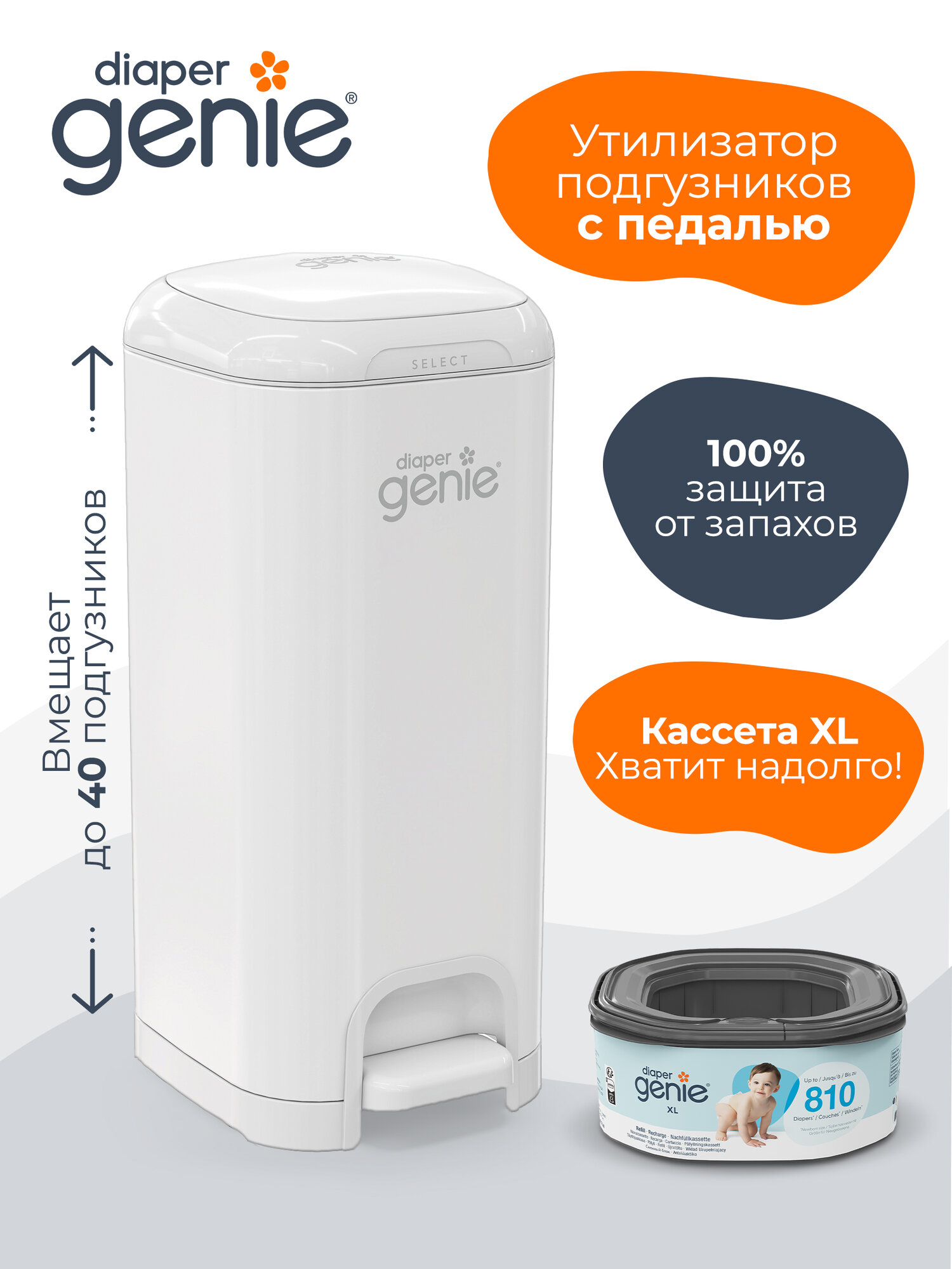 Утилизатор подгузников Diaper Genie Select (стальной накопитель с 1 кассетой в комплекте) белый