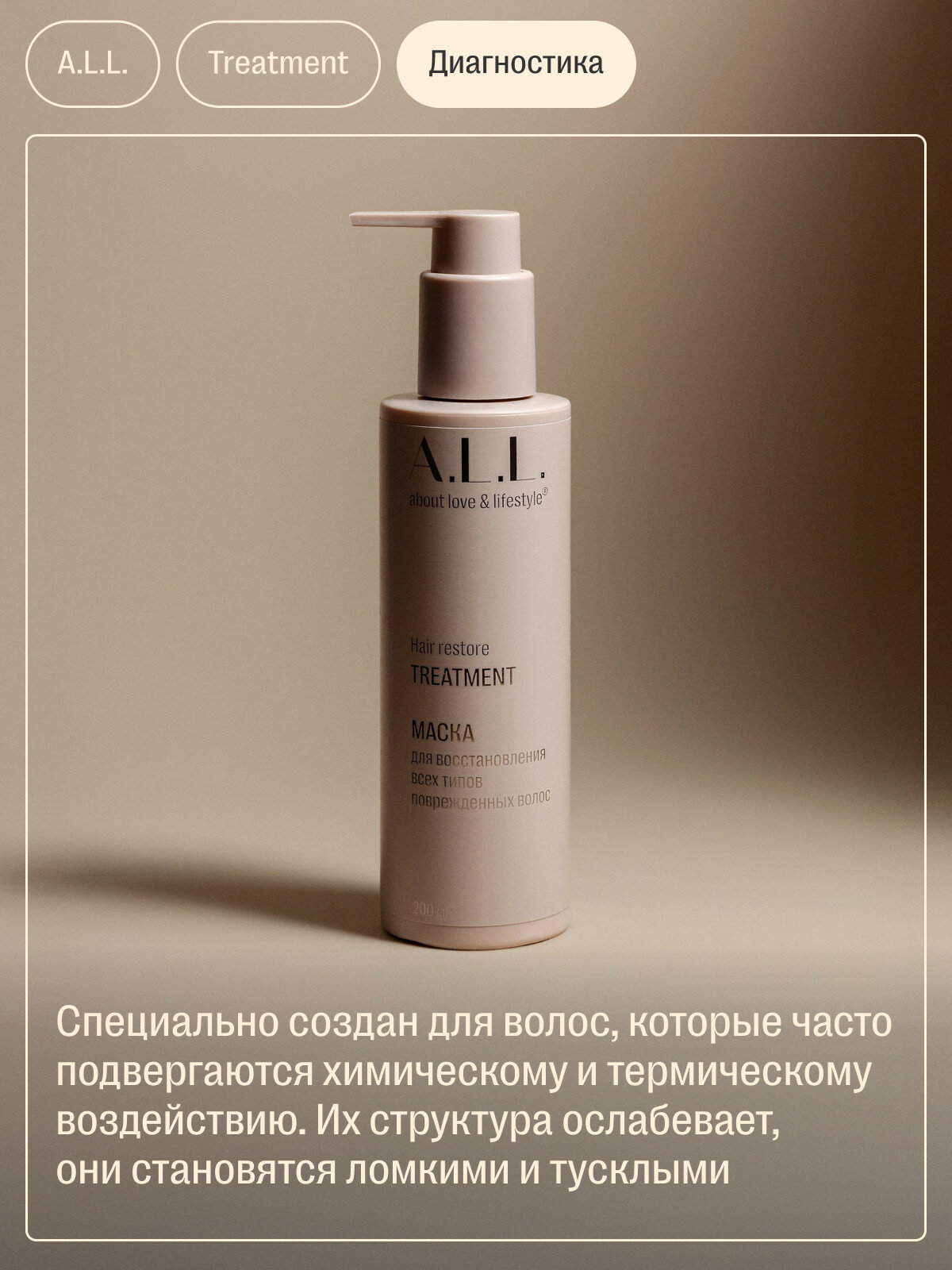 A.L.L. about love & lifestyle. Маска для восстановления всех типов поврежденных волос. 200 мл — фото 1