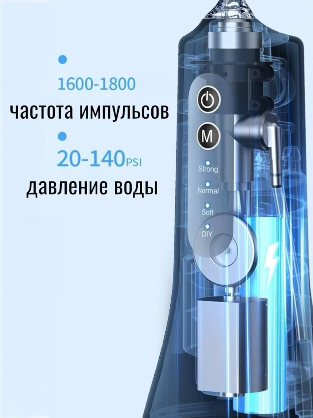 Ирригатор для зубов портативный C1 импульсный, 4 режима, резервуар 260мл, 4 насадки, аккумуляторный — фото 1