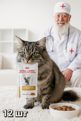 Изображение товара Влажный корм Royal Canin URINARY S/O, для кошек при МКБ, Кусочки в соусе 12 шт по 85гр