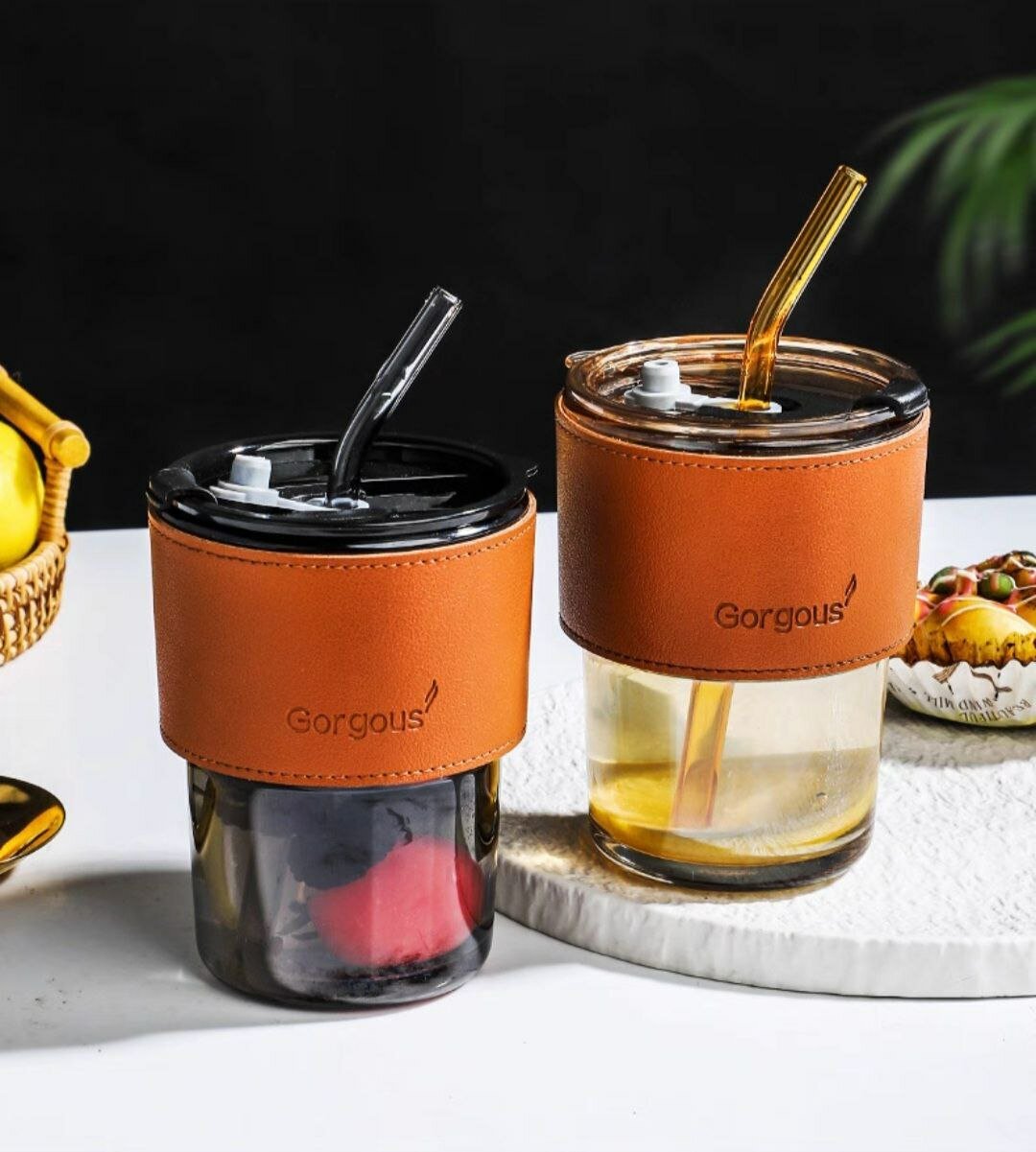 Стакан с трубочкой , для горячих и холодных напитков, стекло, 400мл