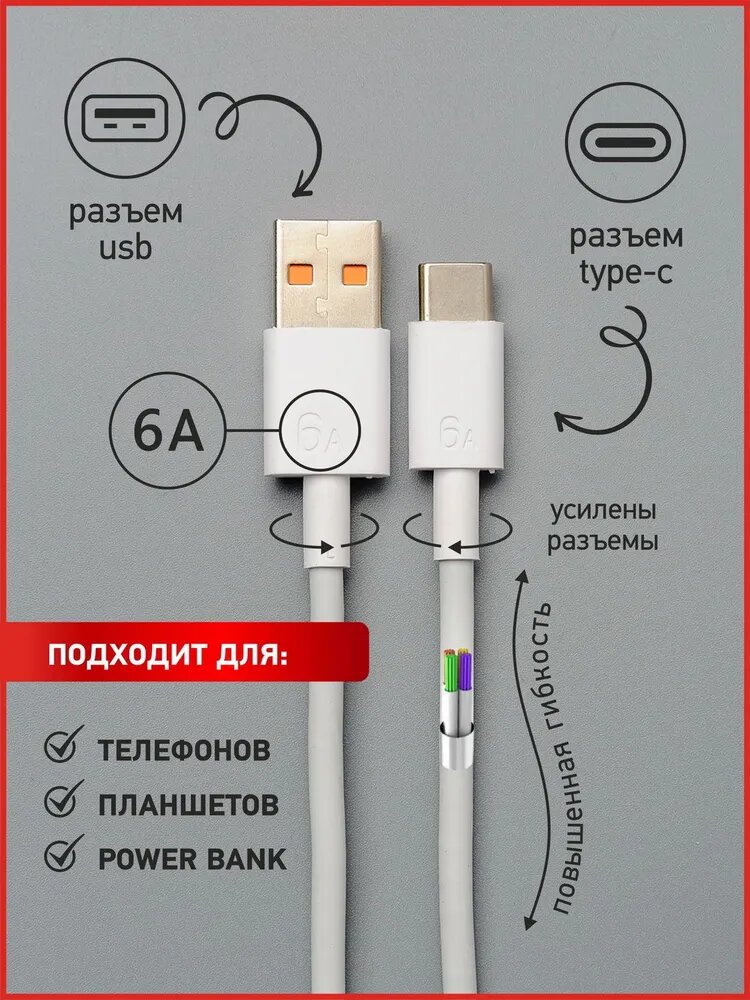 Кабель USB 2.0/3.0 – Type-C, быстрая зарядка, 25Вт, длина 1,2м, черный — фото 1