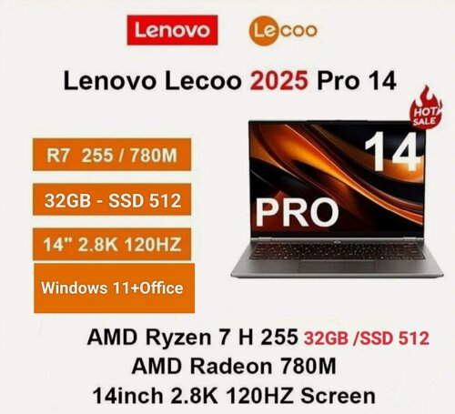 Изображение товара Lenovo 2025 (Lecoo) Pro , Ryzen7(H255), Radeon (780M),32G + 512 ГБ,14-дюймовый экран (2,8K 120 Гц), Windows 11+ Office, корпус алюминиевый сплав, подсветка клавиатуры, Русская клавиатура.