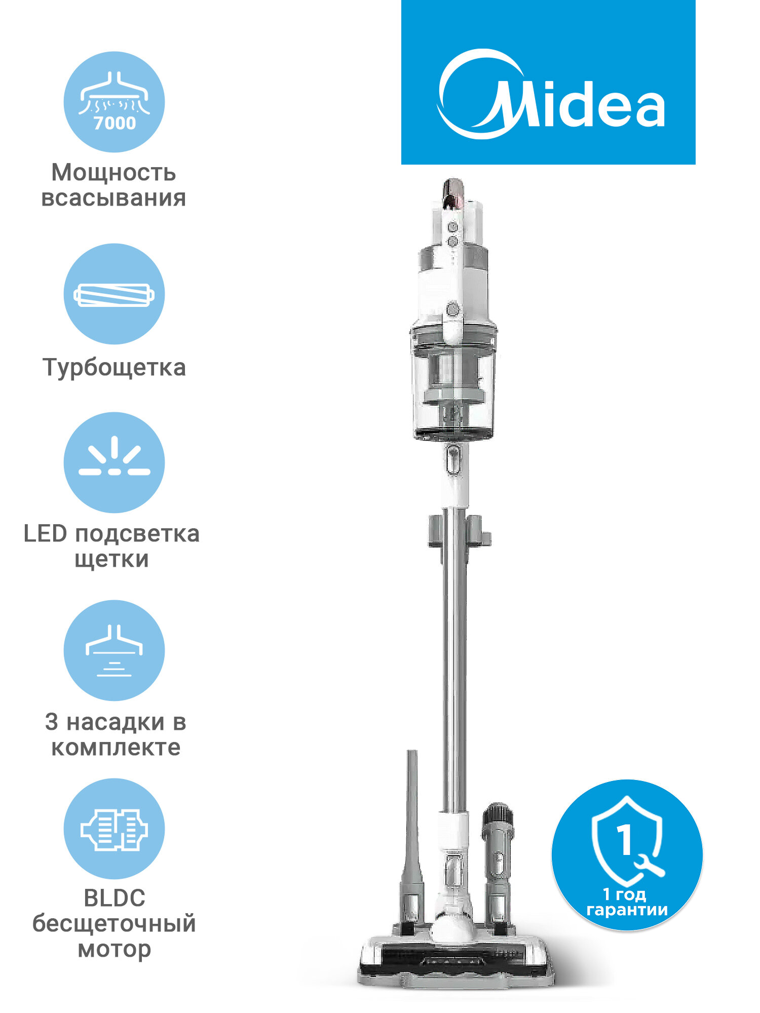 Беспроводной вертикальный пылесос Midea VSS1800 3 насадки стойка для хранения турбо-режим LED подсветка фильтрация воздуха белый