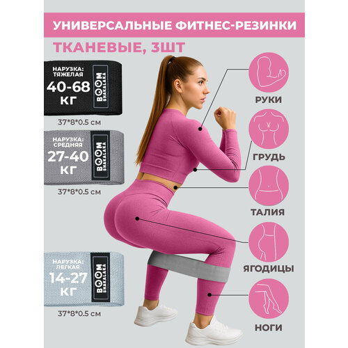 Фитнес-резинки тканевые Boomshakalaka широкие, набор из 3 шт.+мешочек,38 х 8см, нагрузка 14-27кг,27-40кг,40-68кг/эспандеры для йоги/эспандер тканевый