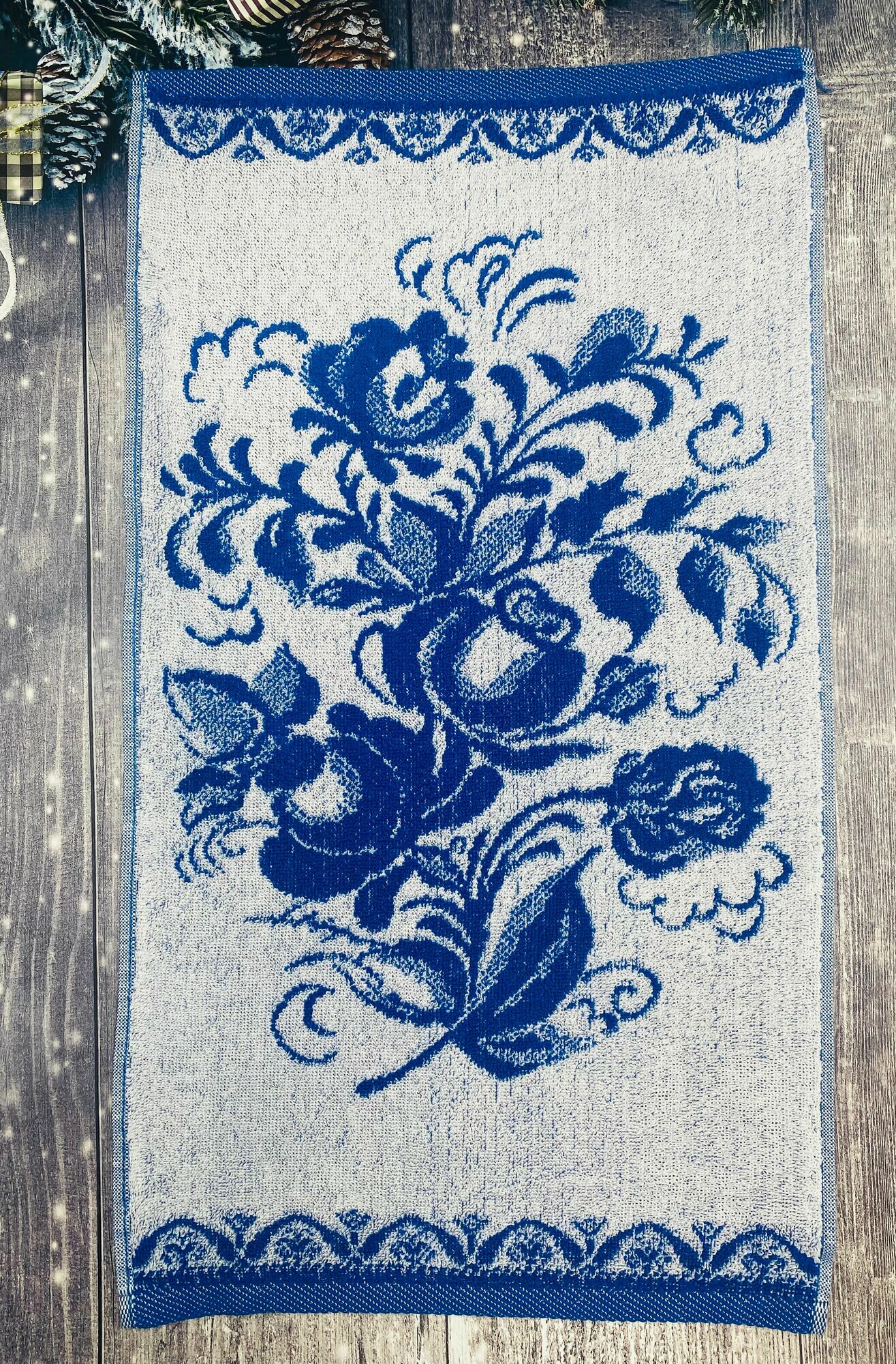 Полотенце махровое кухонное, для рук и лица, ручное в подарок на День рождения, на Новый год Гжель 30*60 см 420 г/м2