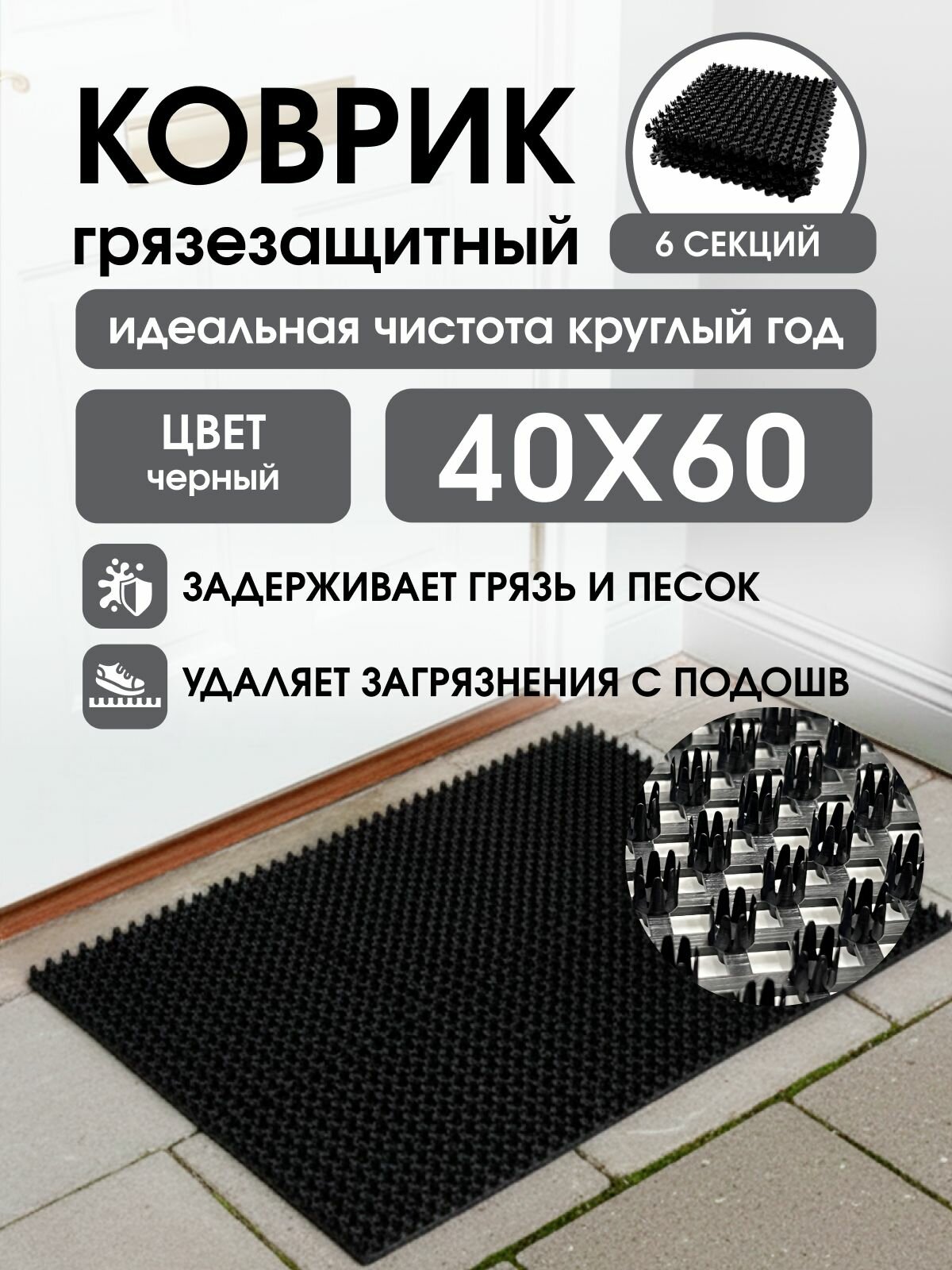 Коврик грязезащитный, 40*60 см, черный