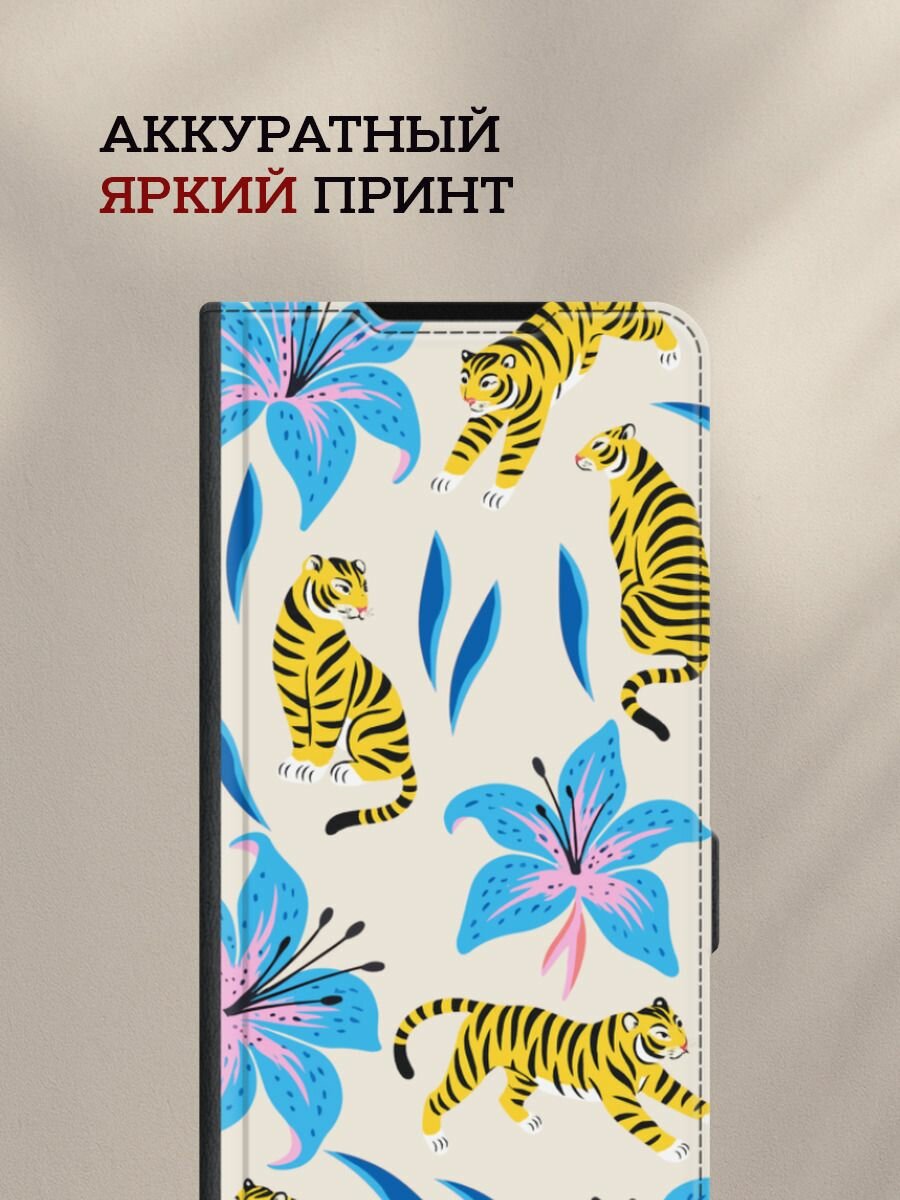 Чехол-книжка на Honor 90 Lite / Хонор 90 Лайт с принтом Пять тигров, черный — фото 1