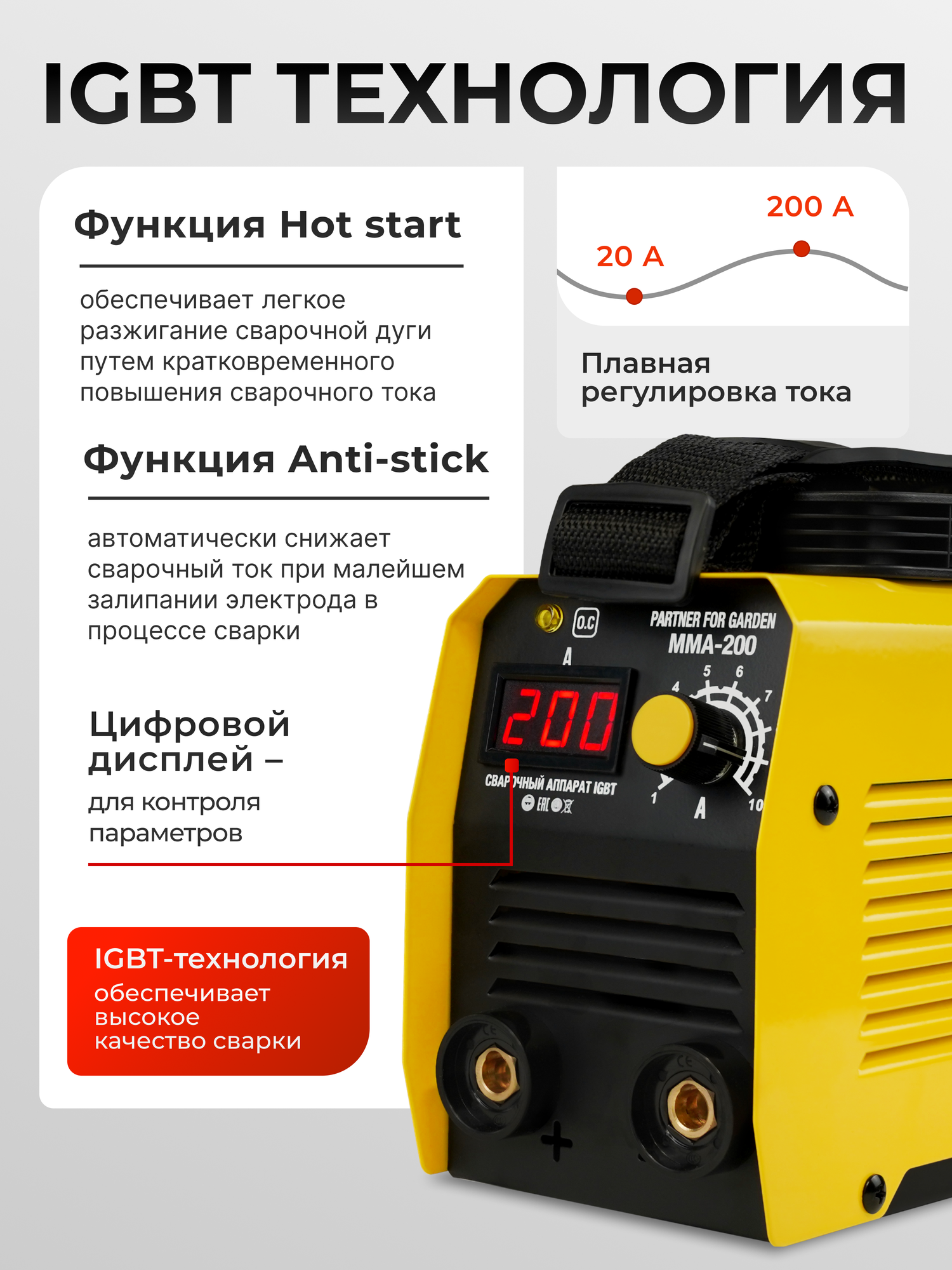 Сварочный инвертор Partner for Garden MMA-200 ( 2,7 кВт, 200 А, 1-4мм, 3кг ) — фото 1