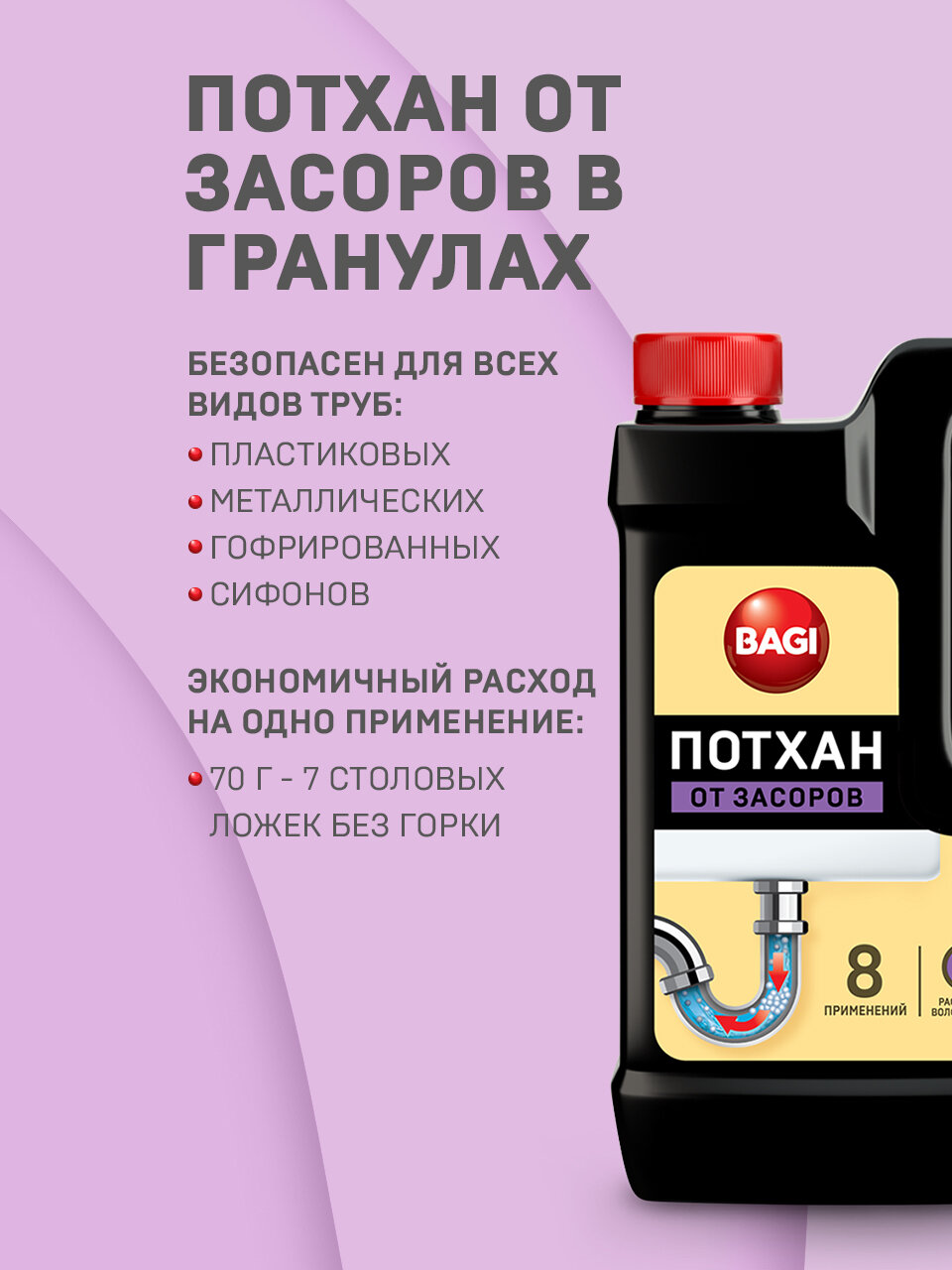 Баги Потхан средство от засоров в трубах, для прочистки труб в гранулах (шуманит) 600г. — фото 1