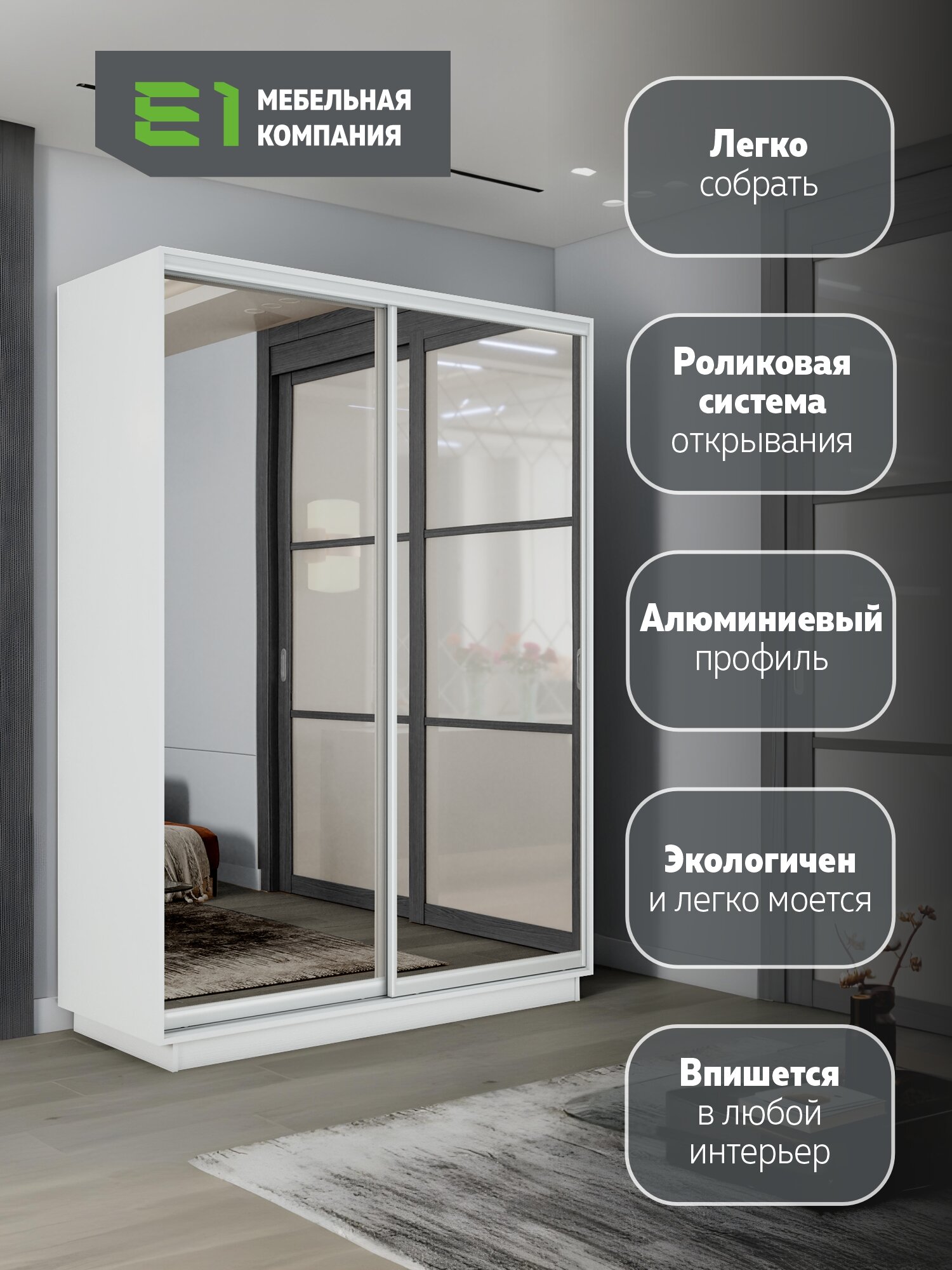 Шкаф-купе Е1 Экспресс двухдверный, зеркала, 160х60х220, белый — фото 1