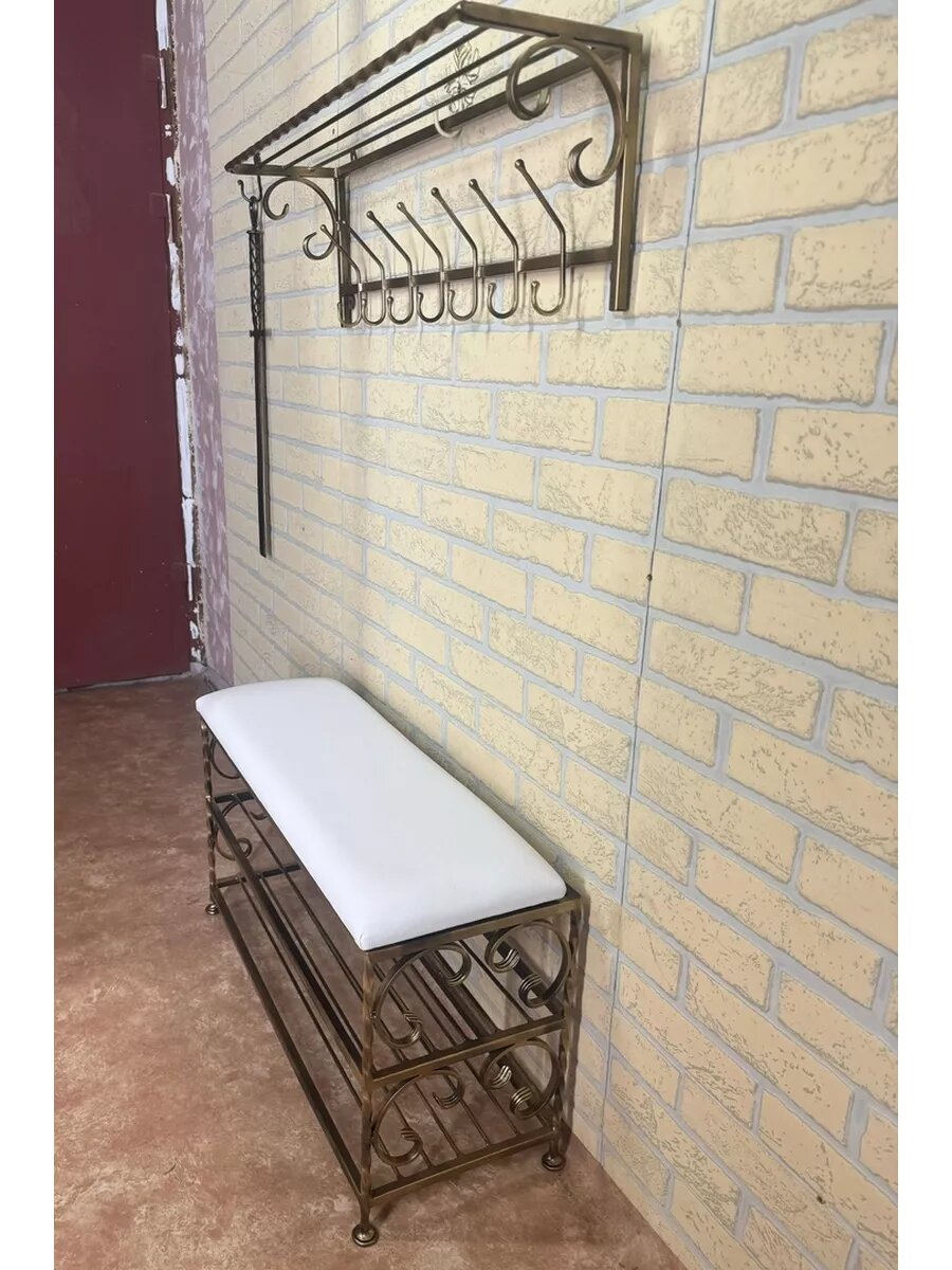 Кованая прихожая, вешалка + банкетка, Студия кованой мебели Нива, цвет античная бронза/белый — фото 1