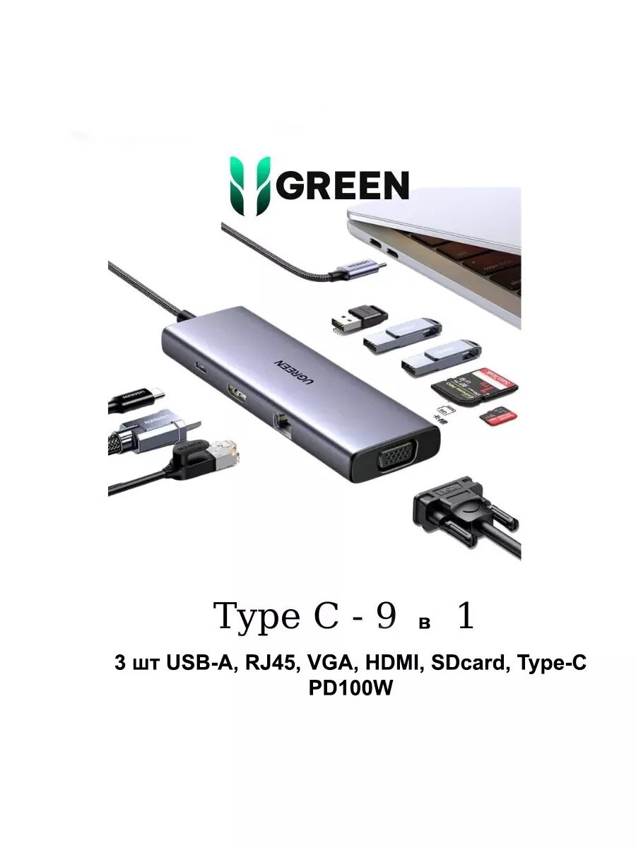 Универсальный многофункциональный адаптер хаб с HDMI 4K, USB 3.0 и PD-зарядкой, UGREEN 15600