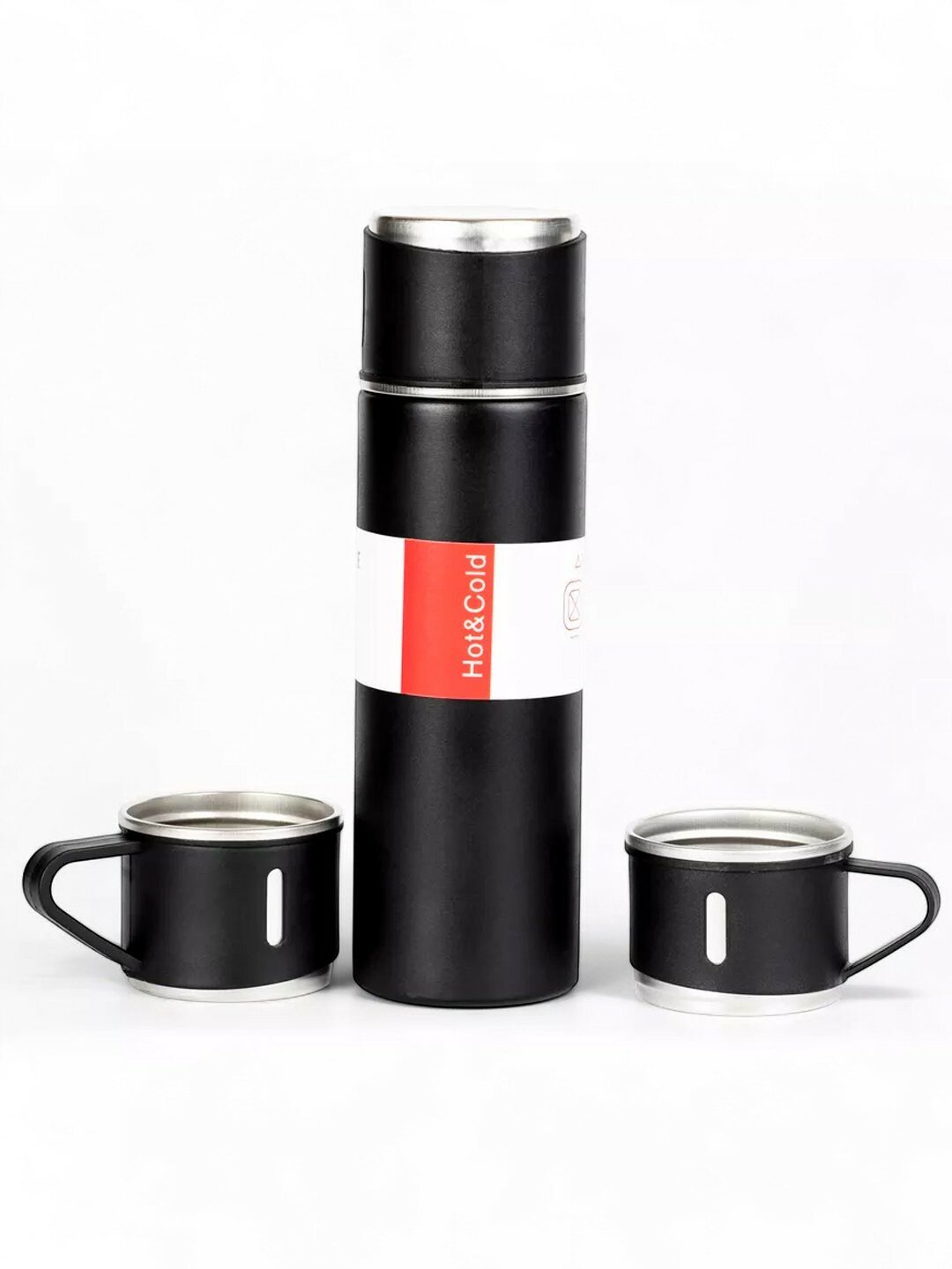 Термос-термокружка для напитков, подарочный набор с 3 чашками, 500 мл, чёрная — фото 1