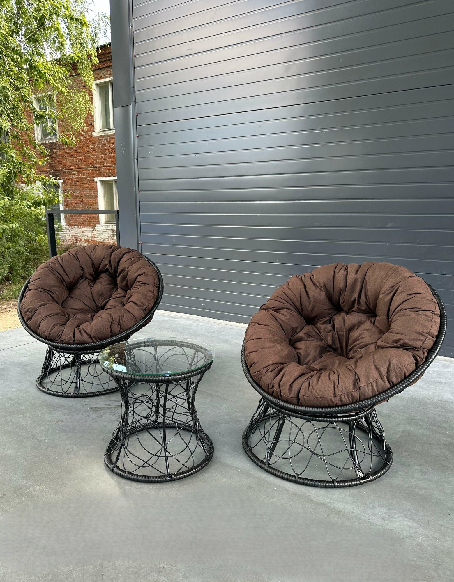 Набор садовый папасан черный 2 кресла, столик + 2 подушки (коричневый, рогожка)