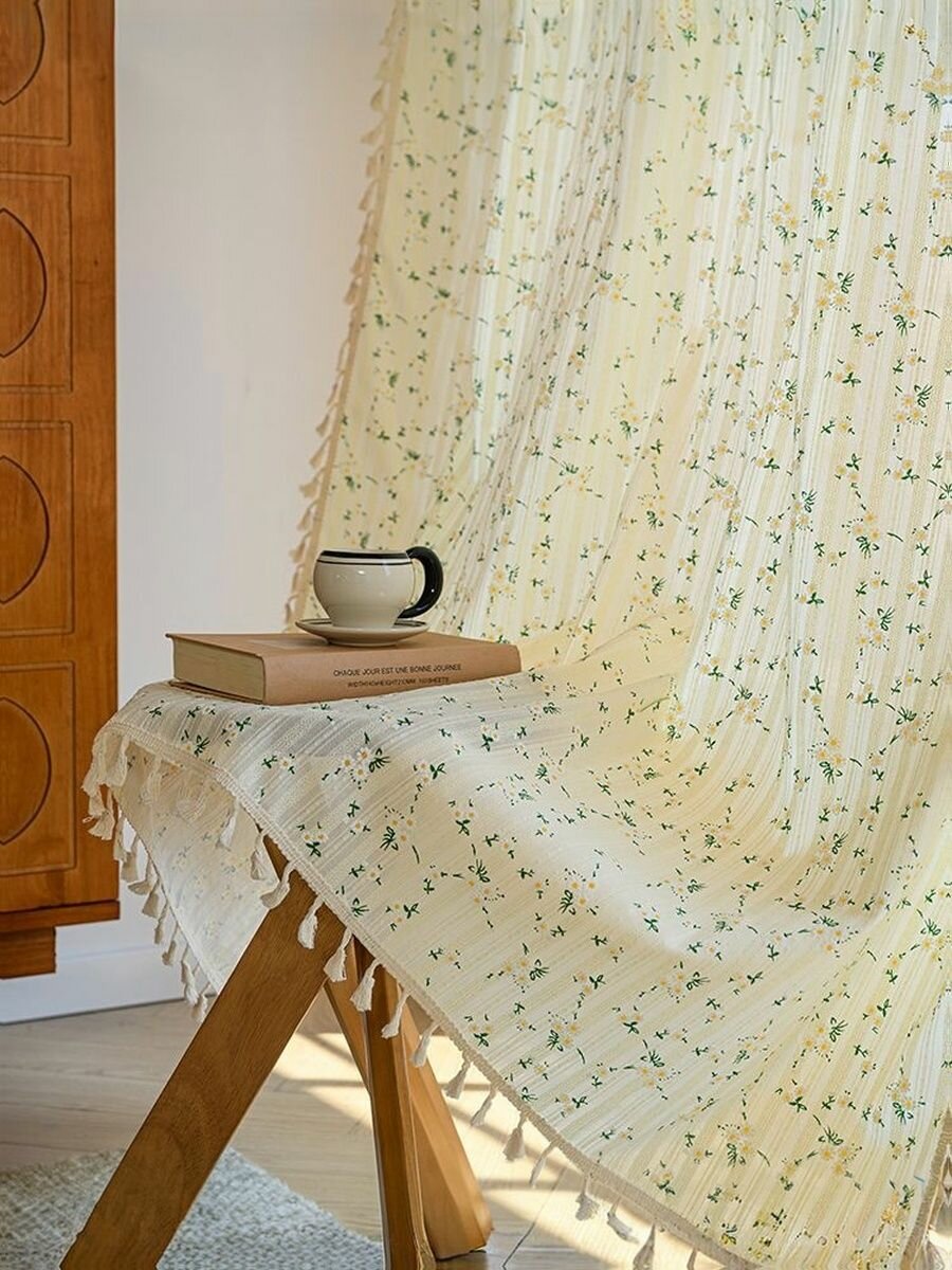 Штора хлопок 150х220 см (1 шт) с рисунком цветов слоновая кость с бахромой Varman.pro