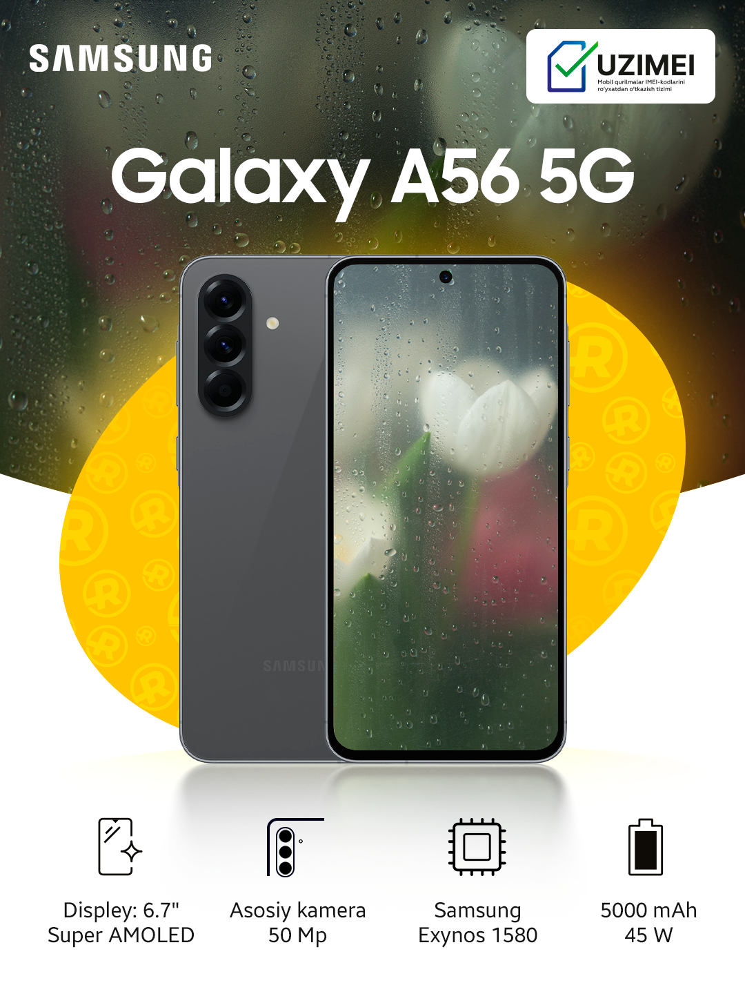 Смартфон Samsung Galaxy A56, 8/256ГБ, 5G, AMOLED, 6.7", черный