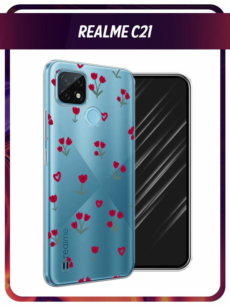 Чехол на Realme C21 / Реалми С21 с принтом "Красные тюльпанчики", прозрачный