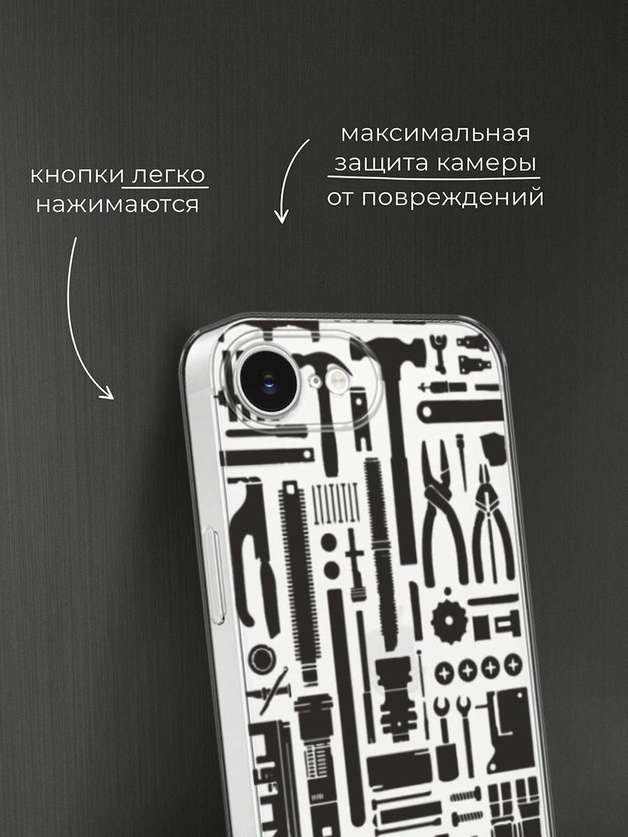 Чехол на Apple iPhone 16e / Айфон 16е с принтом "Черные инструменты", прозрачный — фото 1
