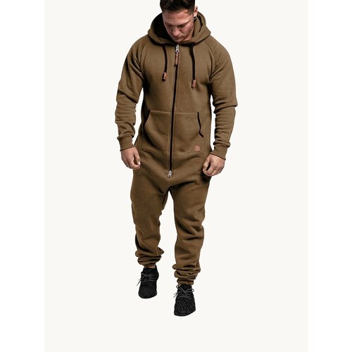 Мужской утепленный флисовый комбинезон с капюшоном и карманами (однотонный, свободный крой) для зимнего отдыха и рыбалки мягкий, легкий