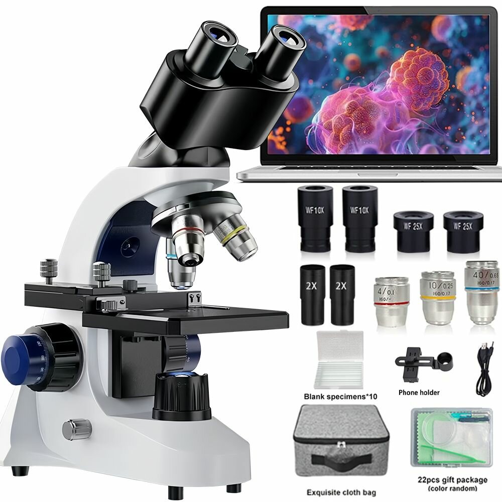 Бинокулярный биологический микроскоп 40 1000 , двойная LED-подсветка, штангенциркуль. В комплект: 2 окуляра + подарок. Компактный, металлический лучший развивающий подарок